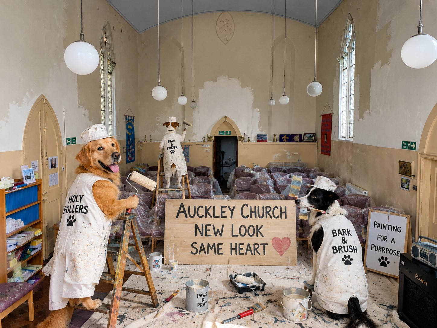 St Saviour's Auckley redecoration - a light-hearted scene of dogs in painters' overalls inside the church with a sign reading 'Auckley Church - New Look, Same Heart'