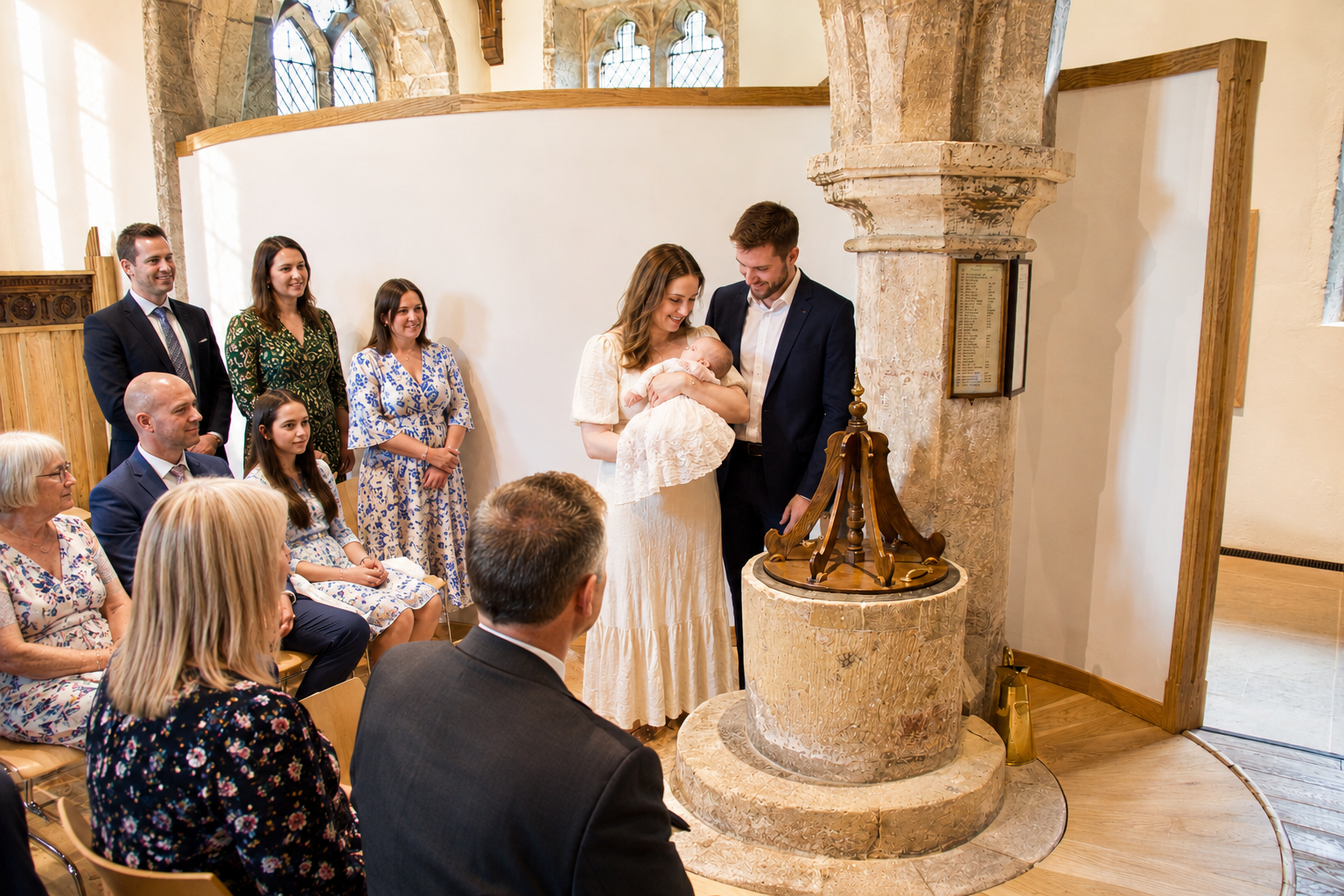 A family gathered around the historic font at Holy Trinity for a baptism