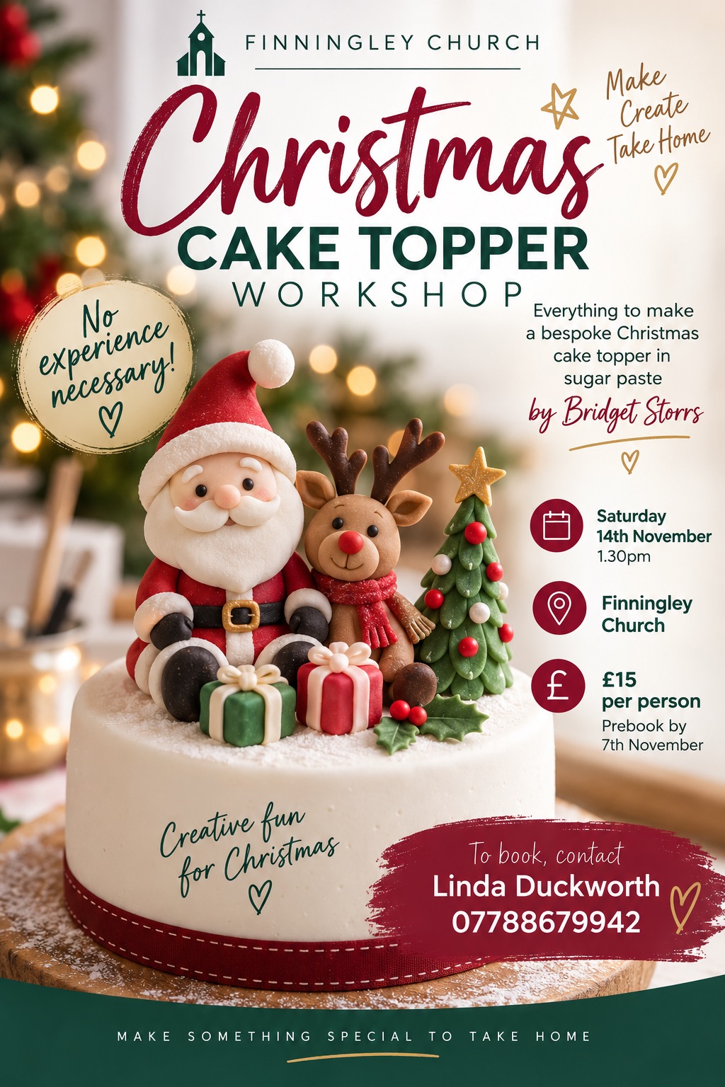 Christmas Cake Topper Workshop poster for Saturday 14th November at 1:30pm in Finningley Church, £15 per person