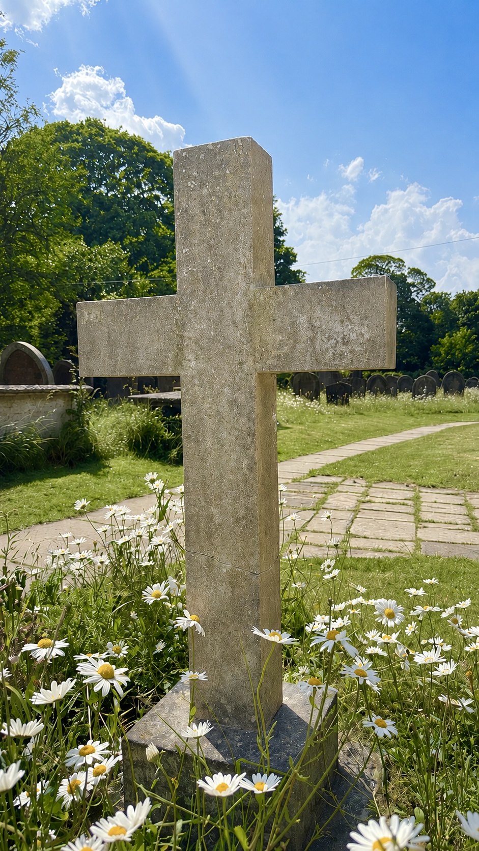 A stone cross in Finningley churchyard surrounded by ox-eye daisies