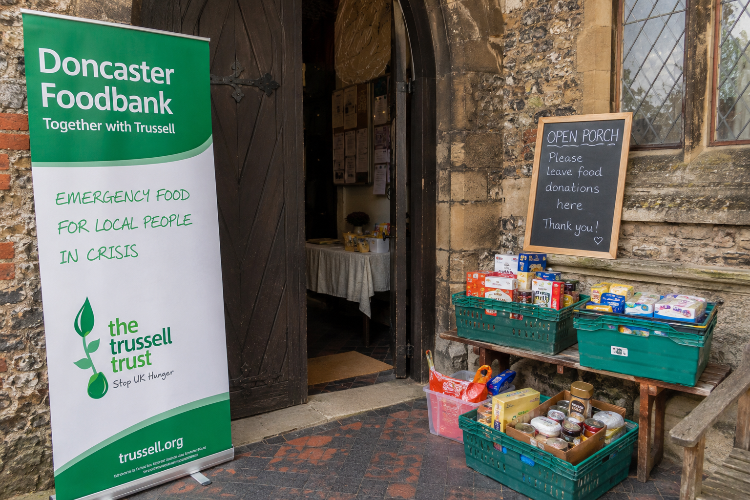 Doncaster Foodbank donation point in the church porch