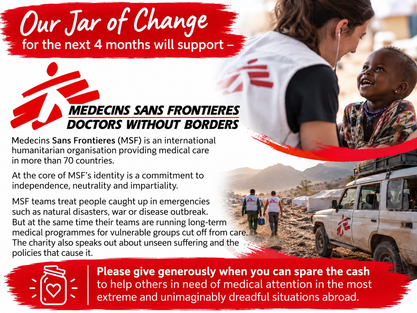 Poster explaining that the parish Jar of Change will support Médecins Sans Frontières, also known as Doctors Without Borders, for the next four months
