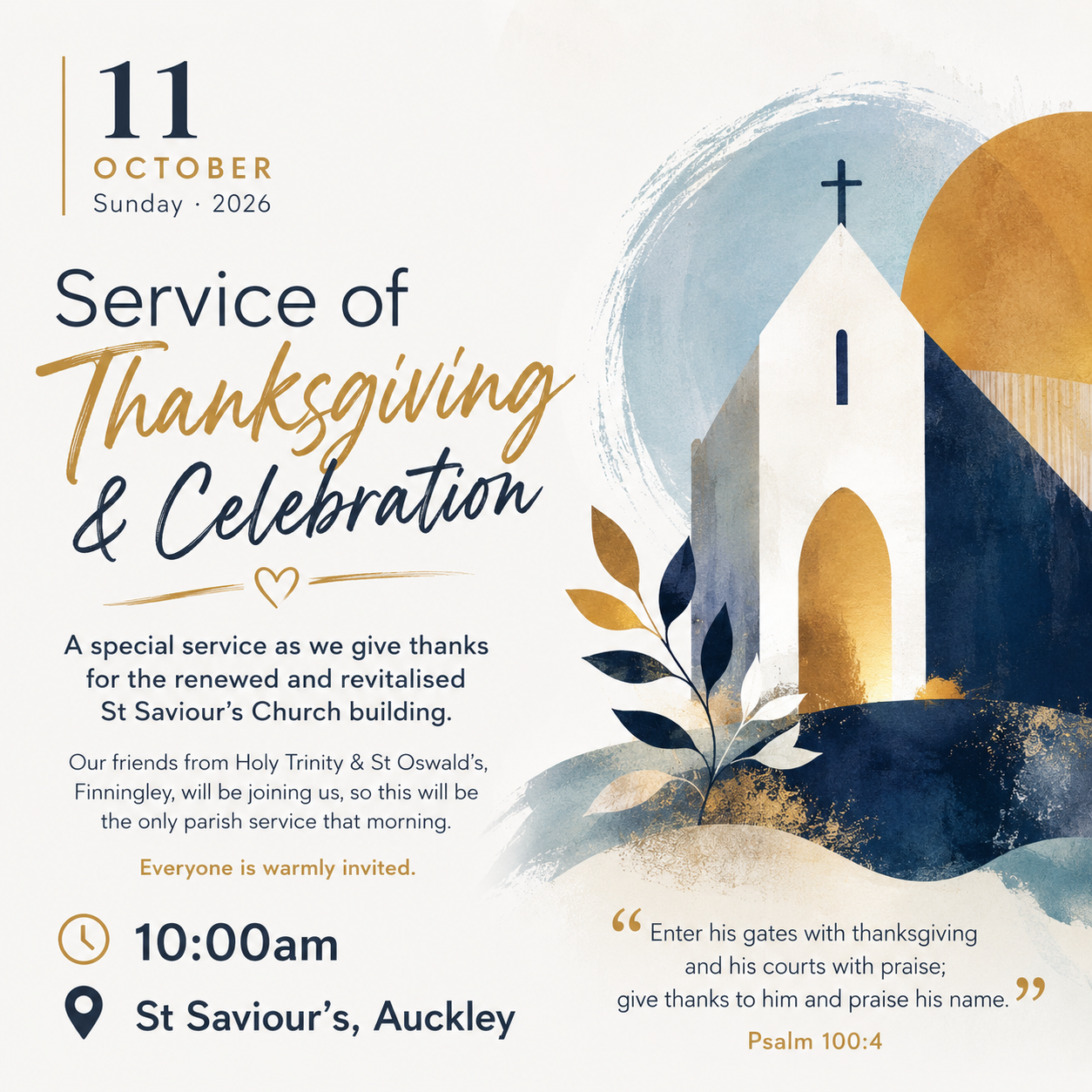 Poster for the Service of Thanksgiving and Celebration at St Saviour's, Auckley, on Sunday 11th October 2026 at 10:00am