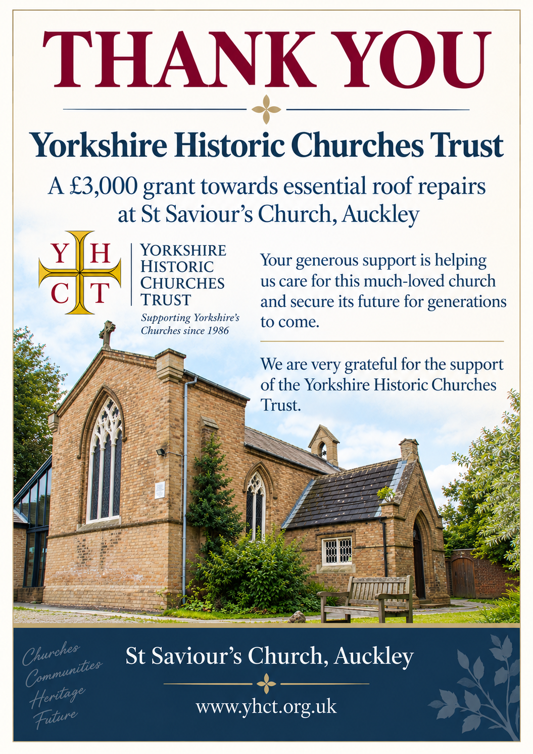 Poster thanking Yorkshire Historic Churches Trust for a £3,000 grant towards essential roof repairs at St Saviour’s Church, Auckley