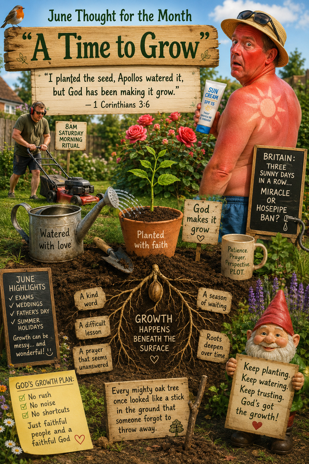 An illustrated June 'Thought for the Month' — A Time to Grow, with watering cans, a seedling, signs and gardener vignettes