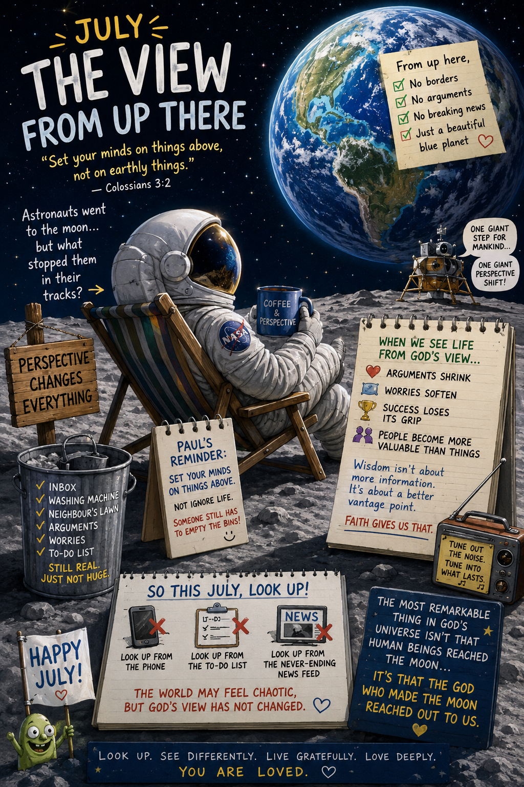 An illustrated July 'Thought for the Month' - The View from Up There, with an astronaut on the moon, Earth rising on the horizon, a notepad of perspective pointers, and vignettes of inbox, washing machine, lawnmower and laptop