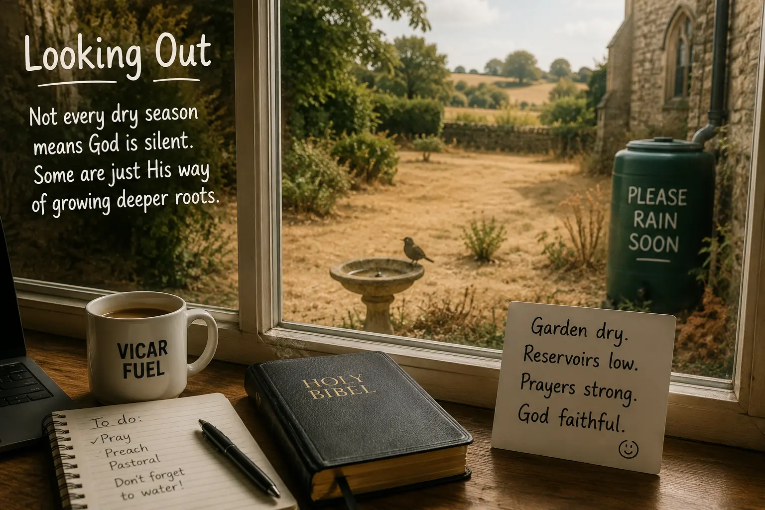 An illustrated August 'Thought for the Month' - Streams in Dry Places, showing a vicar's study window looking out onto a dry garden with a bird bath, a water butt labelled 'Please rain soon', a Bible and a mug of 'Vicar Fuel' on the desk