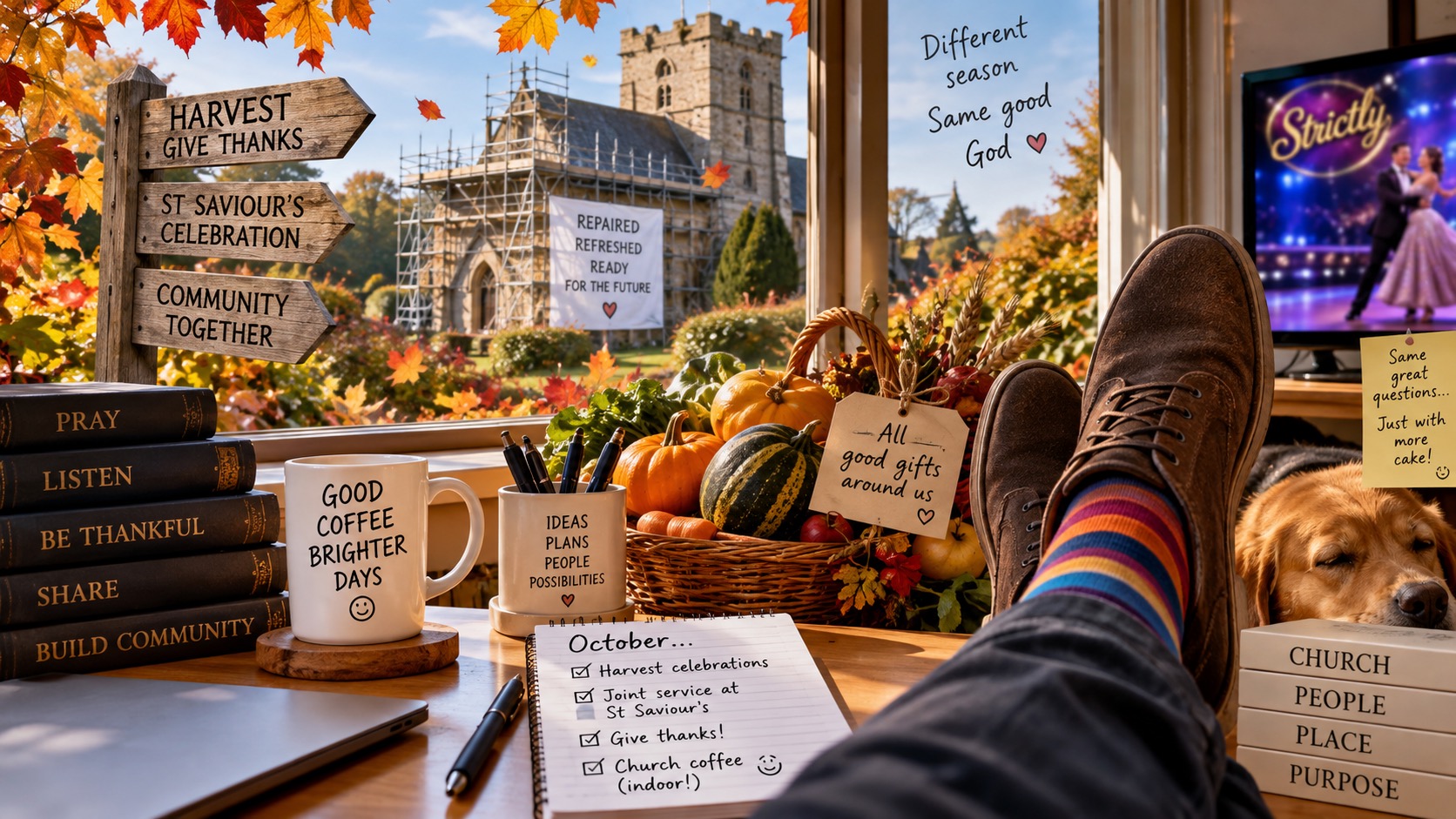 Autumn harvest scene viewed from a church office, with St Saviour’s church being repaired and signs of thanksgiving