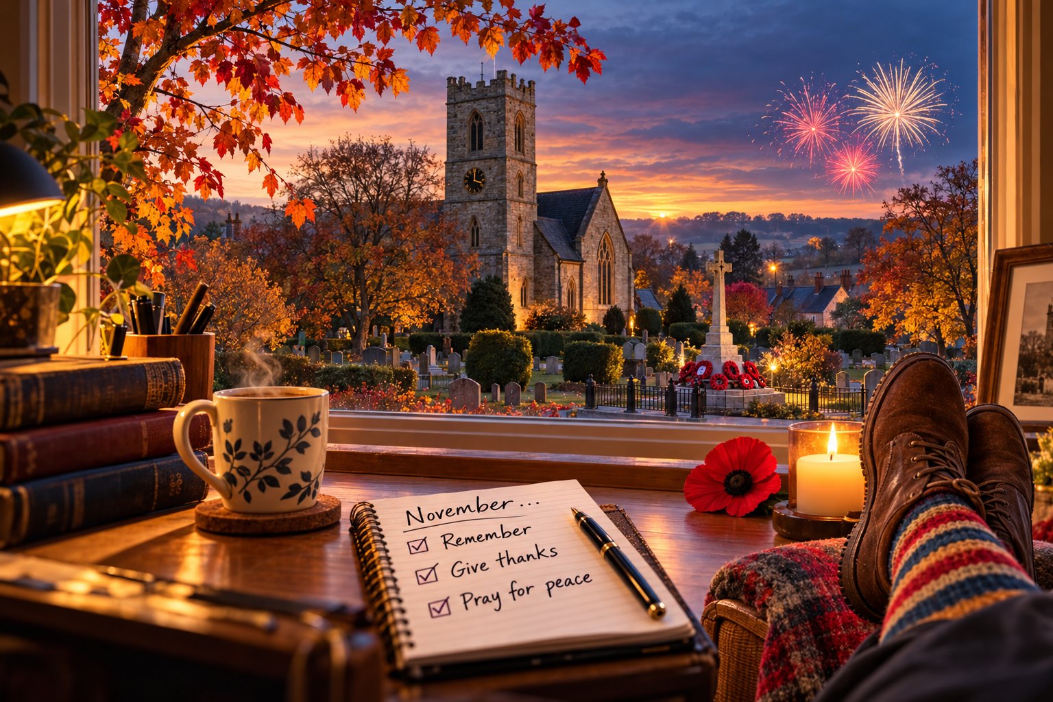 An autumn evening viewed from a study window, looking out on a church, a war memorial laid with poppy wreaths and fireworks in the sky, with a notebook reading ‘November… Remember, Give thanks, Pray for peace’