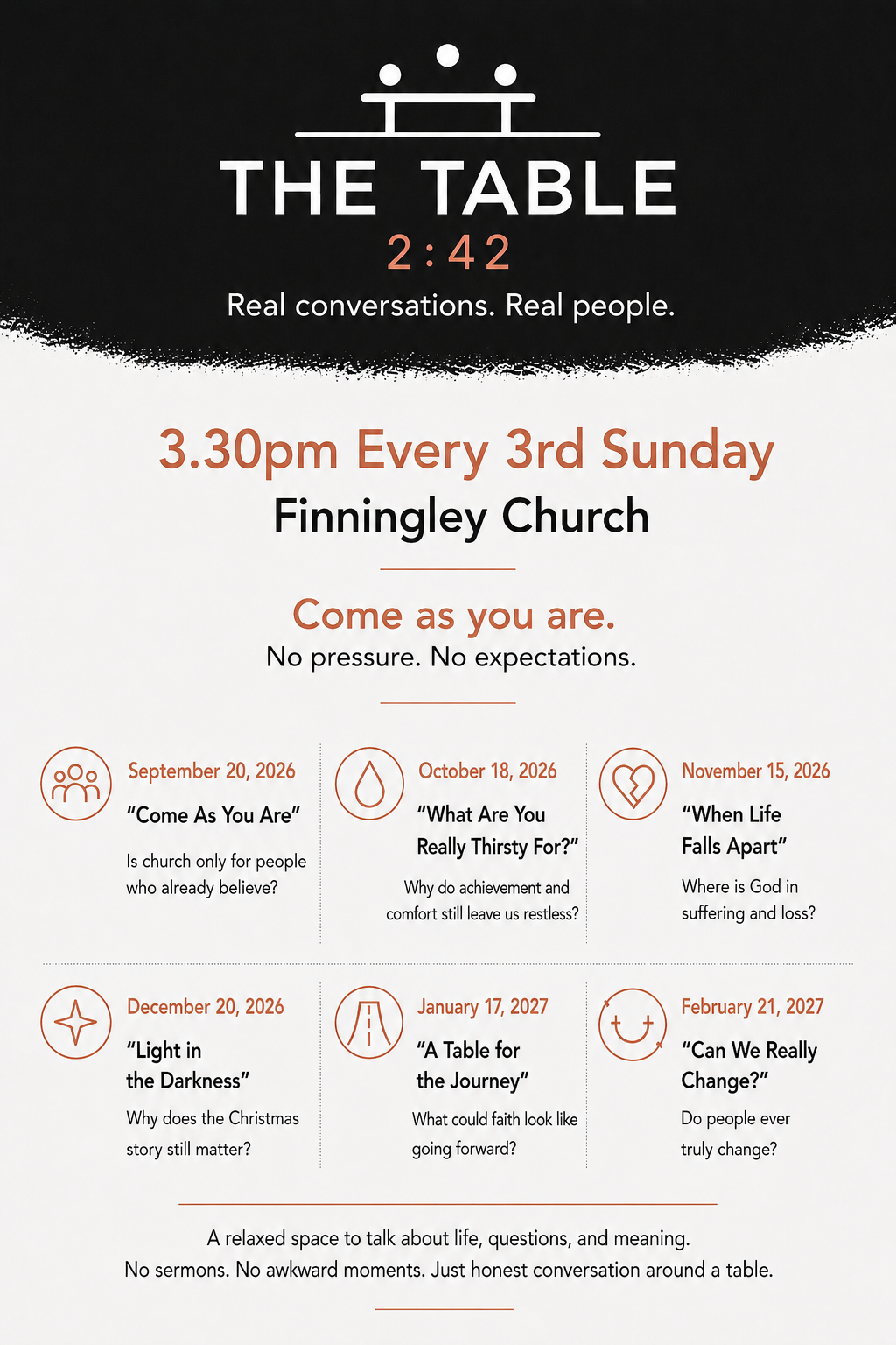 The Table 2:42 — 3:30pm every 3rd Sunday at Finningley Church, themes Sept 2026 – Feb 2027